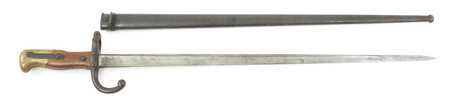 FRENCH MODEL 1874 GRAS SWORD BAYONET DATED 1879: FRENCH MODEL 1874 GRAS SWORD BAYONET DATED 1879 French Model 1874 Gras Sword Bayonet. T-back spine is marked for manufacture in St. Etienne with the date 1879. Wood grips. Steel scabbard. Blade Length