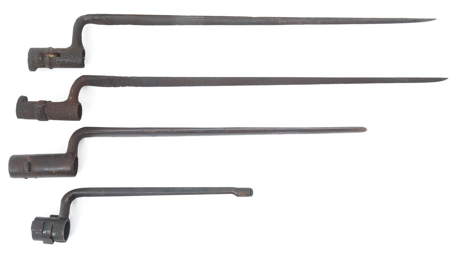 19TH C. MILITARY RIFLE SOCKET BAYONETS LOT OF 4: 19TH C. MILITARY RIFLE SOCKET BAYONETS LOT OF 4 19th C. Military rifle socket bayonets lot of 4. (1) 17" blade, 20" overall length. Mortise diameter is 0.75". Socket length is 2.5" (1) 16.5" blade, 20