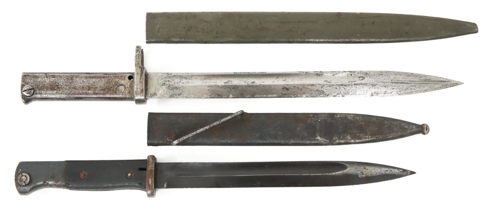 WWI ERSATZ & M1884 GERMAN RIFLE BAYONETS LOT OF 2: WWI ERSATZ & M1884 GERMAN RIFLE BAYONETS LOT OF 2 WWI Ersatz & Model 1884 German Rifle Bayonets lot of 2. (1) Ersatz bayonet with steel handle, green painted steel scabbard. 12.25" blade and 17" total