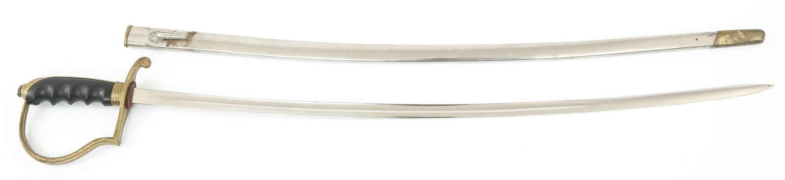 MILITARY DRESS SABER & SCABBARD: MILITARY DRESS SABER & SCABBARD Military Dress Saber and Scabbard. Chrome polished curved saber blade with fuller. Unmarked ricasso. Leather buffer pad. Brass hilt with finger grooved grip. Rear porti