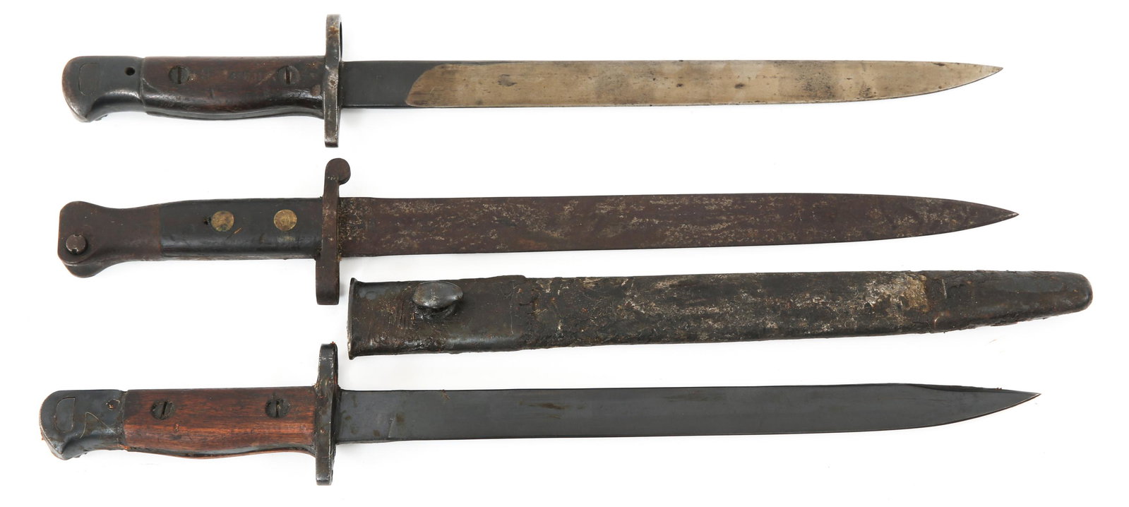 BRITISH M1903 & LEE METFORD M1888 BAYONET LOT OF 3: BRITISH M1903 & LEE METFORD M1888 BAYONET LOT OF 3 British Pattern 1903 & Lee Metford Pattern 1888 Bayonets lot of 3. (1) Lee-Metford Pattern 1888 double edged bayonet. Ricasso marked "Anderson, Sheff
