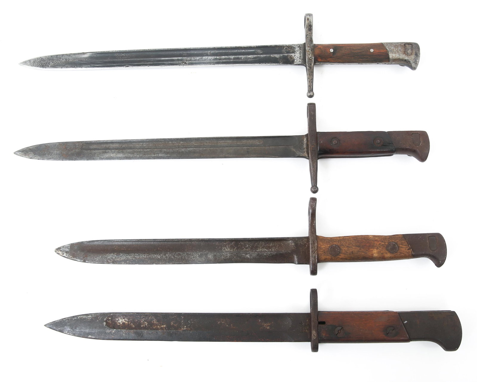 WWII GERMAN & ITALIAN MILITARY BAYONETS LOT OF 4: WWII GERMAN & ITALIAN MILITARY BAYONETS LOT OF 4 WWII German & Italian Military Rifle Bayonets Lot of 4. (1) Italian Model 1891 Carcano Knife Bayonet. Ricasso marked "Terni". Numbered crossguard. 11.7