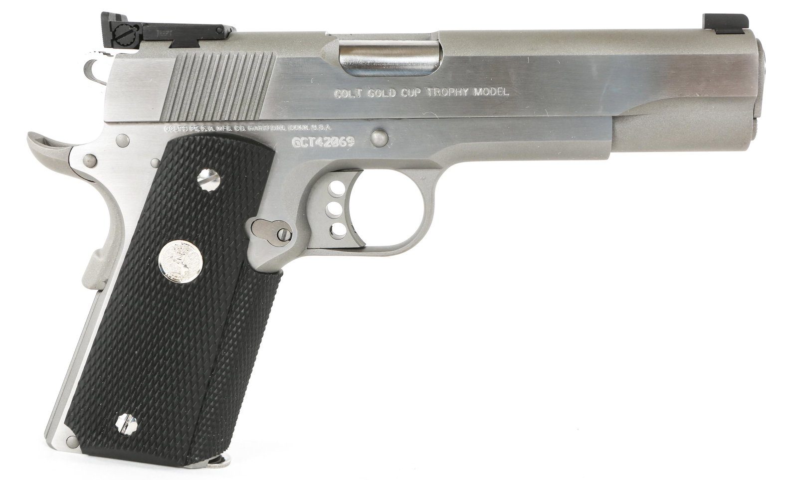 COLT GOLD CUP TROPHY .45ACP SEMI AUTO PISTOL: COLT GOLD CUP TROPHY .45ACP SEMI AUTO PISTOL Colt Gold Cup Trophy 05070X semi-automatic .45acp pistol. Stainless finish, rubberized grips. Two magazines. Factory hard case with accessories. Caliber / 