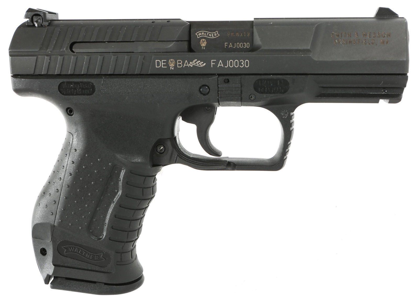 WALTHER P99 AS SEMI AUTOMATIC 9MM PISTOL: WALTHER P99 AS SEMI AUTOMATIC 9MM PISTOL Walther model P99 semi-automatic 9mm pistol. Black frame, parkerized slide, composite grips. Two magazines. Factory hard case and accessories. Caliber / Gauge: