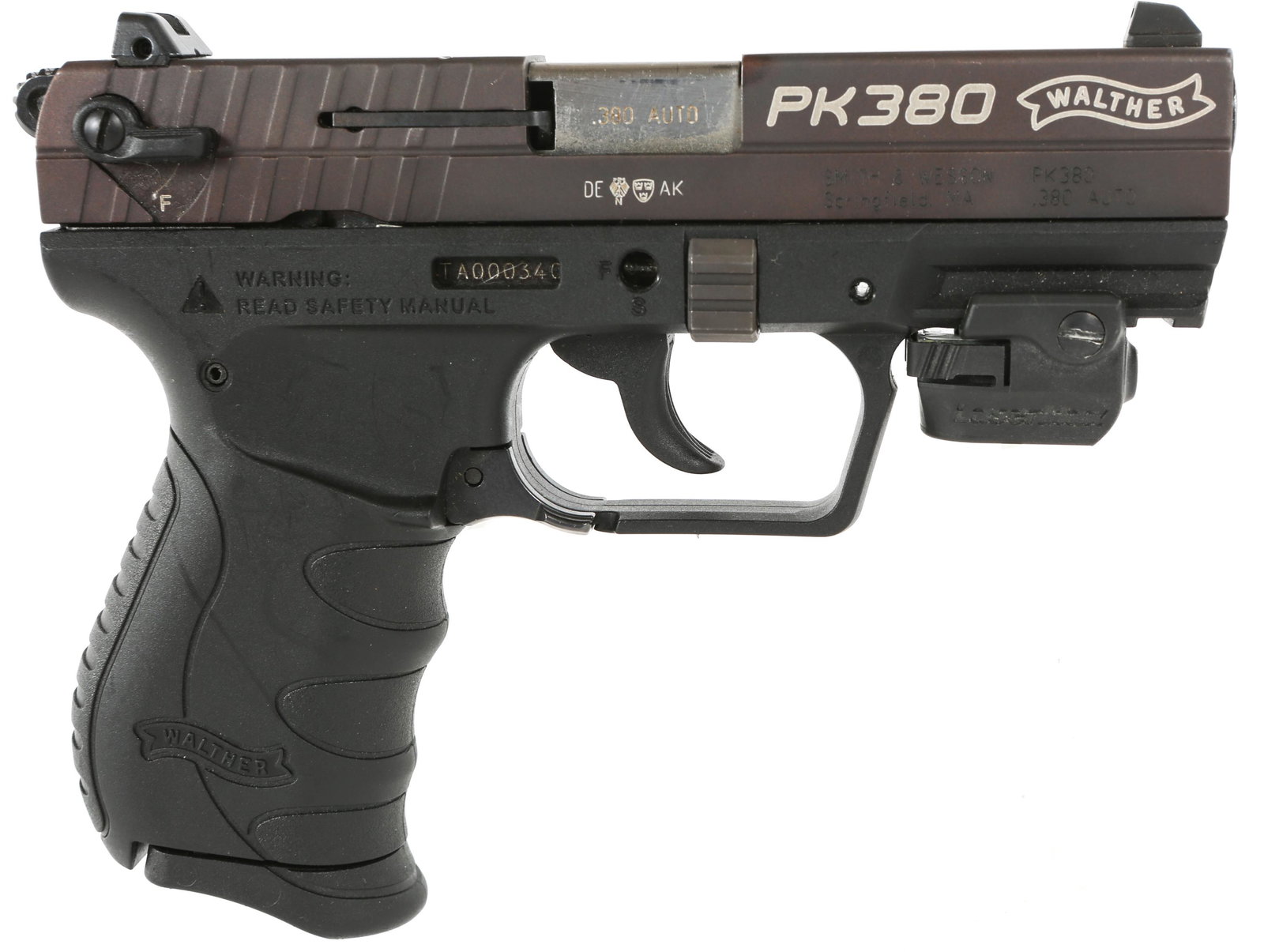 WALTHER PK380 SEMI AUTOMATIC .380ACP PISTOL: WALTHER PK380 SEMI AUTOMATIC .380ACP PISTOL Walther model PK380 semi-automatic .380 acp pistol. Black frame, blued slide, composite grip. Laser Max laser sight. Two magazines. Factory hard case. Calib