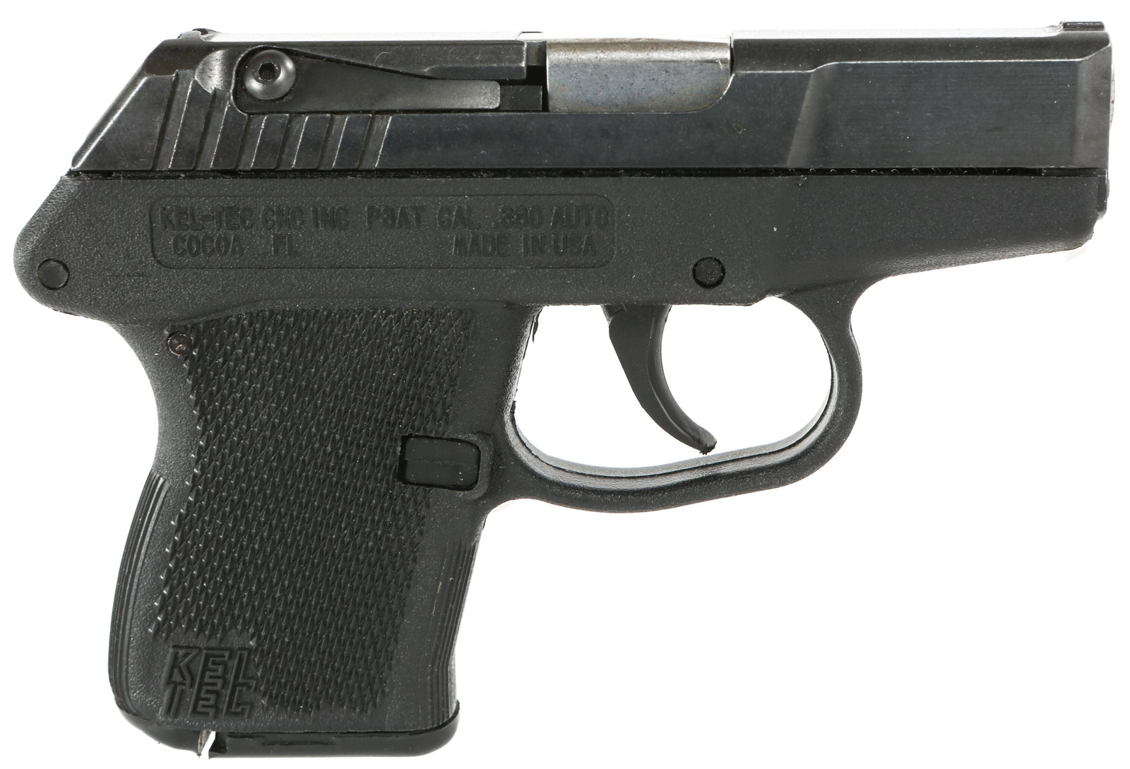 KEL-TEC P3AT SEMI AUTOMATIC .380CAL PISTOL: KEL-TEC P3AT SEMI AUTOMATIC .380CAL PISTOL Kel-Tec model P3AT semi-automatic .380 caliber pistol. Black frame, parkerized slide, composite grips. Two magazines. Factory hard case. Caliber / Gauge: .38