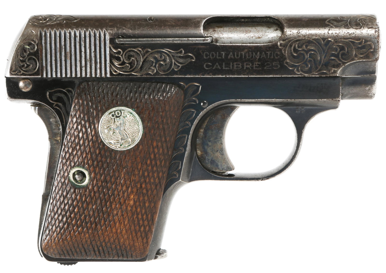 1926 COLT MODEL 1908 VEST POCKET .25 AUTO PISTOL: 1926 COLT MODEL 1908 VEST POCKET .25 AUTO PISTOL Engraved 1926 Colt Model 1908 Vest Pocket .25 Automatic caliber pistol. Colt Automatic Calibre 25. Checkered walnut Colt grips. Colt Cal .25 magazine. 