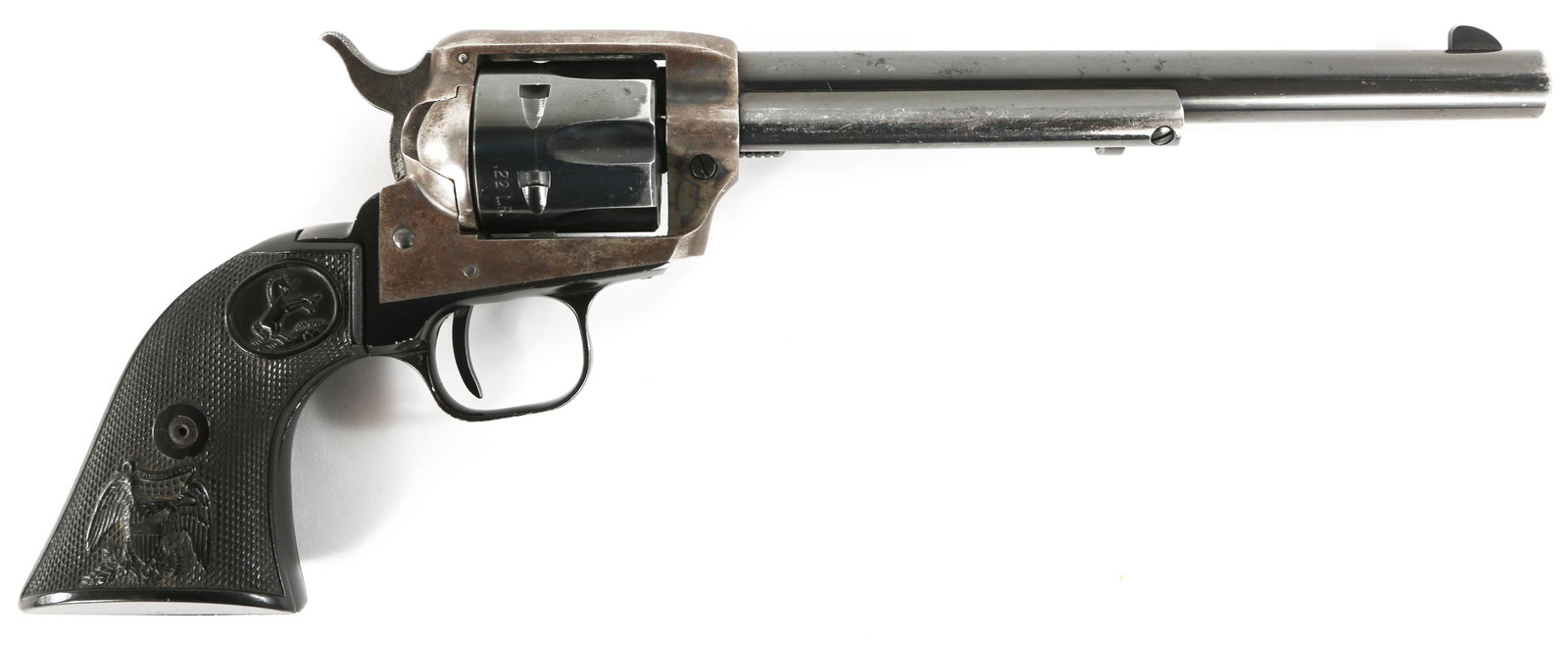 1975 COLT PEACEMAKER BUNTLINE .22 LR REVOLVER: 1975 COLT PEACEMAKER BUNTLINE .22 LR REVOLVER 1974 Colt Peacemaker Buntline .22 LR caliber single action revolver. 7.5 inch barrel/ Black plastic Colt grips. Provenance - George Hass (US Army Veteran)