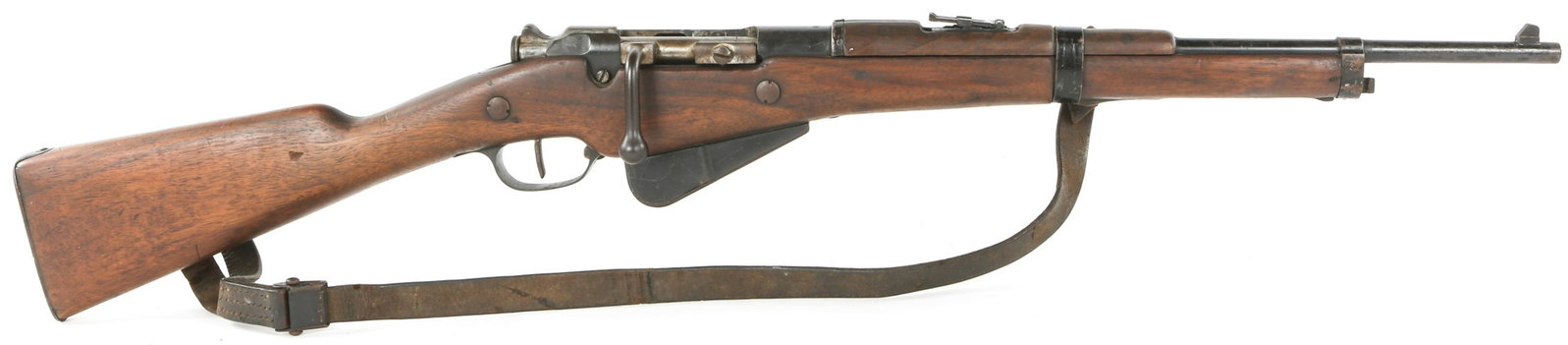 FRENCH CONTINSOUZA MLE M-16 8mm BERTHIER RIFLE: FRENCH CONTINSOUZA MLE M-16 8mm BERTHIER RIFLE French Continsouza Mle M-16 8mm Lebel Berthier Rifle. Matching serial number to breech and trigger guard. Leather sling. Caliber / Gauge: 8mm Barrel Leng