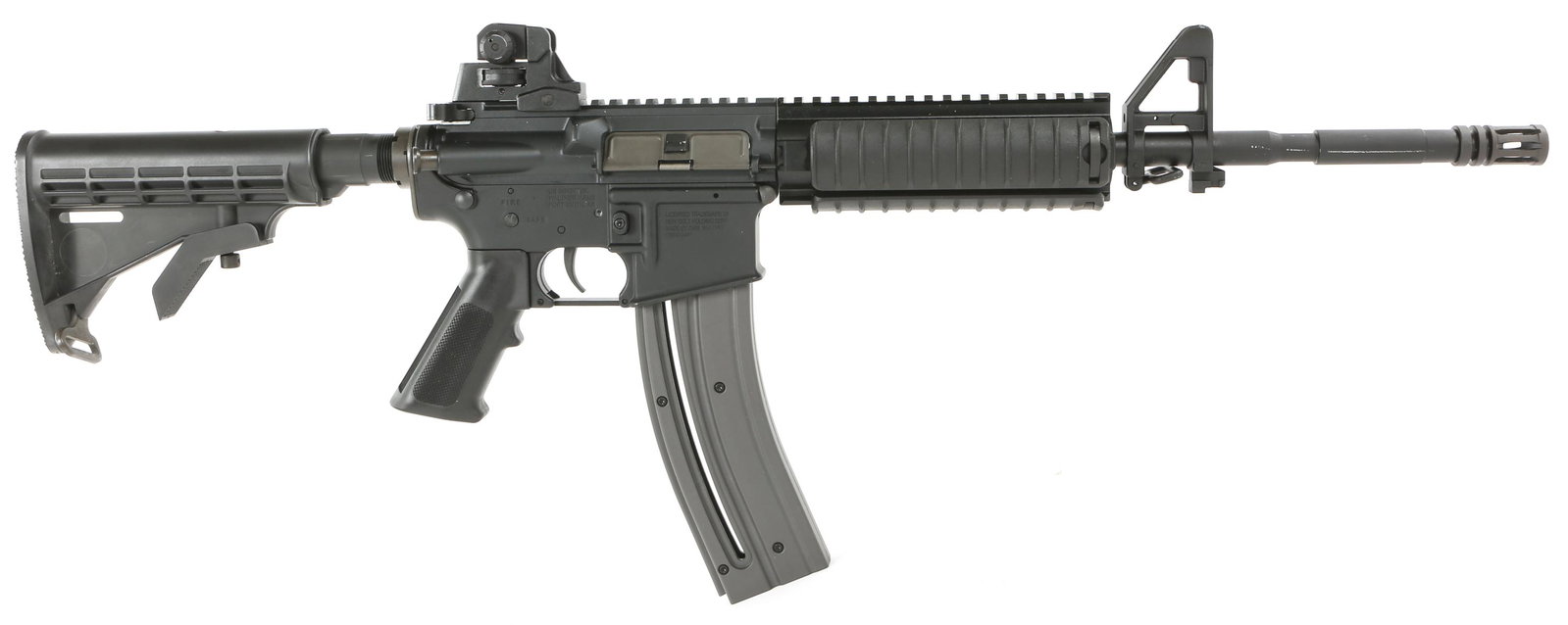 COLT M4 CARBINE .22 CAL SEMI-AUTOMATIC RIFLE: COLT M4 CARBINE .22 CAL SEMI-AUTOMATIC RIFLE Colt model M4 Carbine semi-automatic .22LR caliber rifle. Receiver stamped "Colt M4 Carbine", "Cal 22 LR", and with "Walther" import mark. Adjustable compo