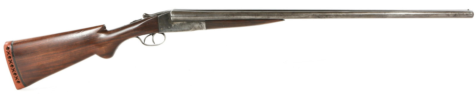 ITHACA FLUES MODEL 16 GA SBS SHOTGUN: ITHACA FLUES MODEL 16 GA SBS SHOTGUN Ithaca Flues model 16 GA SBS shotgun. Manufactured in 1915. "Ithaca gun Co. Ithaca NY" engraved on both sides of receiver along with a scene of a dog running throu
