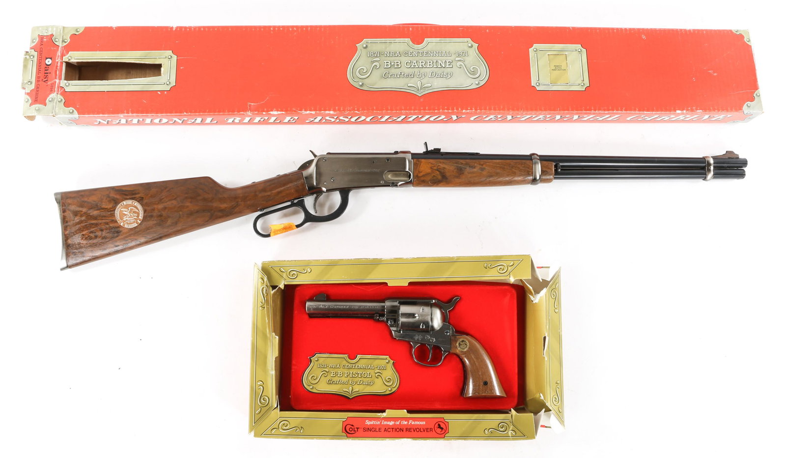 DAISY NRA CENTENNIAL BB GUN LOT OF 2: DAISY NRA CENTENNIAL BB GUN LOT OF 2 NRA Centennial Daisy Air Gun Lot. Daisy NRA Centennial Colt Single Action Revolver. Daisy NRA Centennial NRA Special Rifle. Both in original boxes. Caliber / Gauge