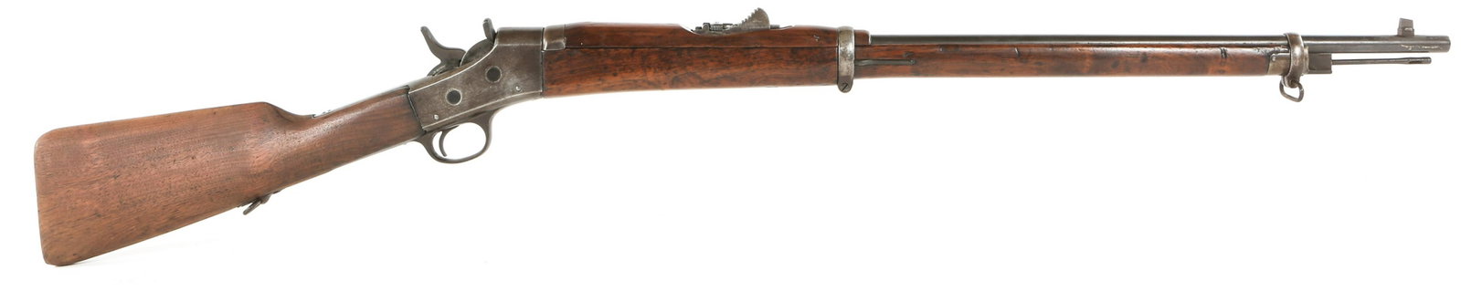 REMINGTON ROLLING BLOCK 7mm RIFLE: REMINGTON ROLLING BLOCK 7mm RIFLE Remington 7mm rolling block rifle. Receiver tang stamped with Remington trademarks and patents. Wooden stock and forend. Fixed front sight and adjustable rear sight. 