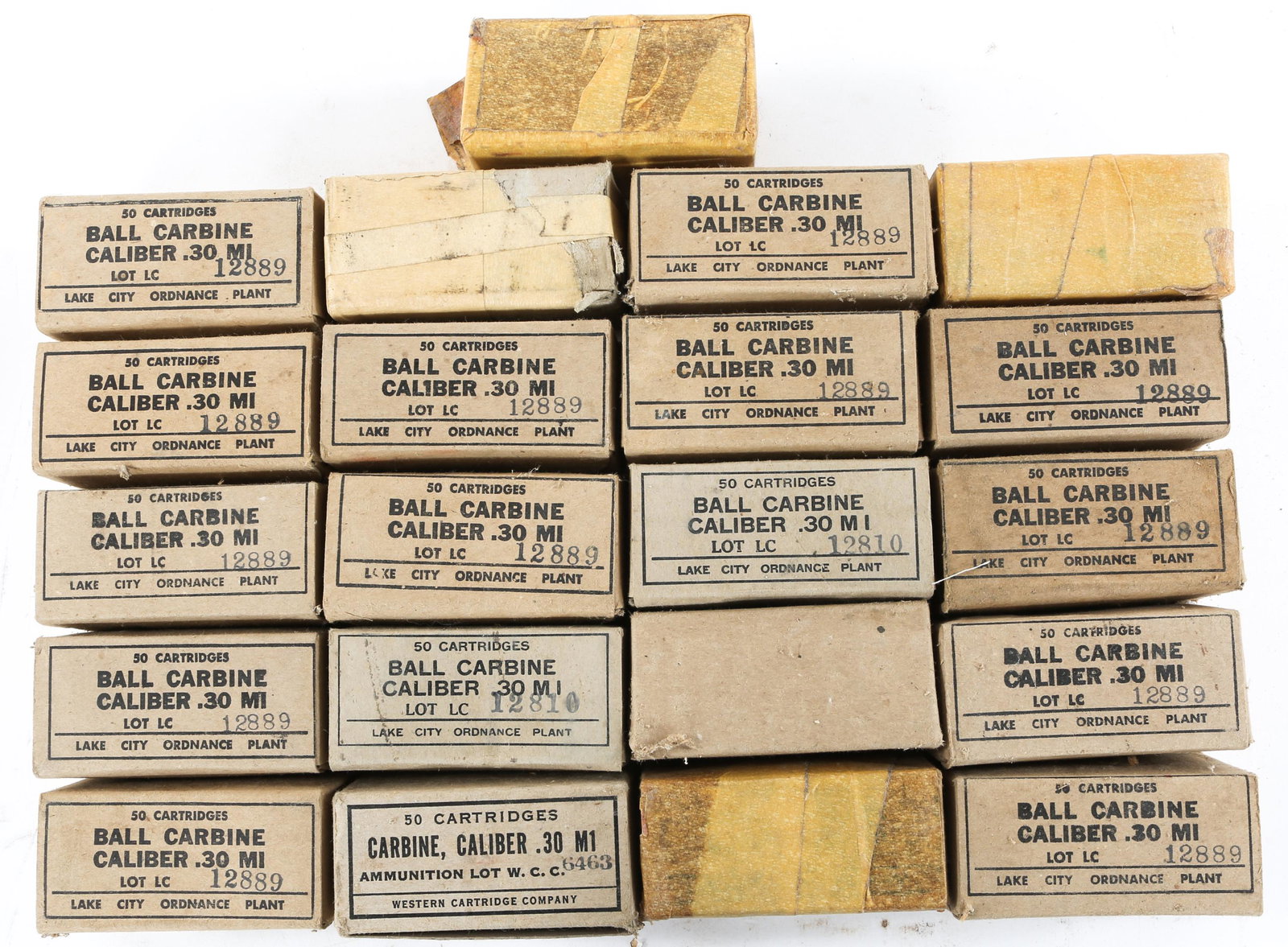 AMMUNITION .30 BALL M1 CARBINE 1000+ ROUNDS: AMMUNITION .30 BALL M1 CARBINE 1000+ ROUNDS 1000+ rounds of .30 Ball M1 carbine ammunition. Manufacturers include Lake City Ordnance Plant and Western Cartridge Company. Twenty one cartons of 50 round