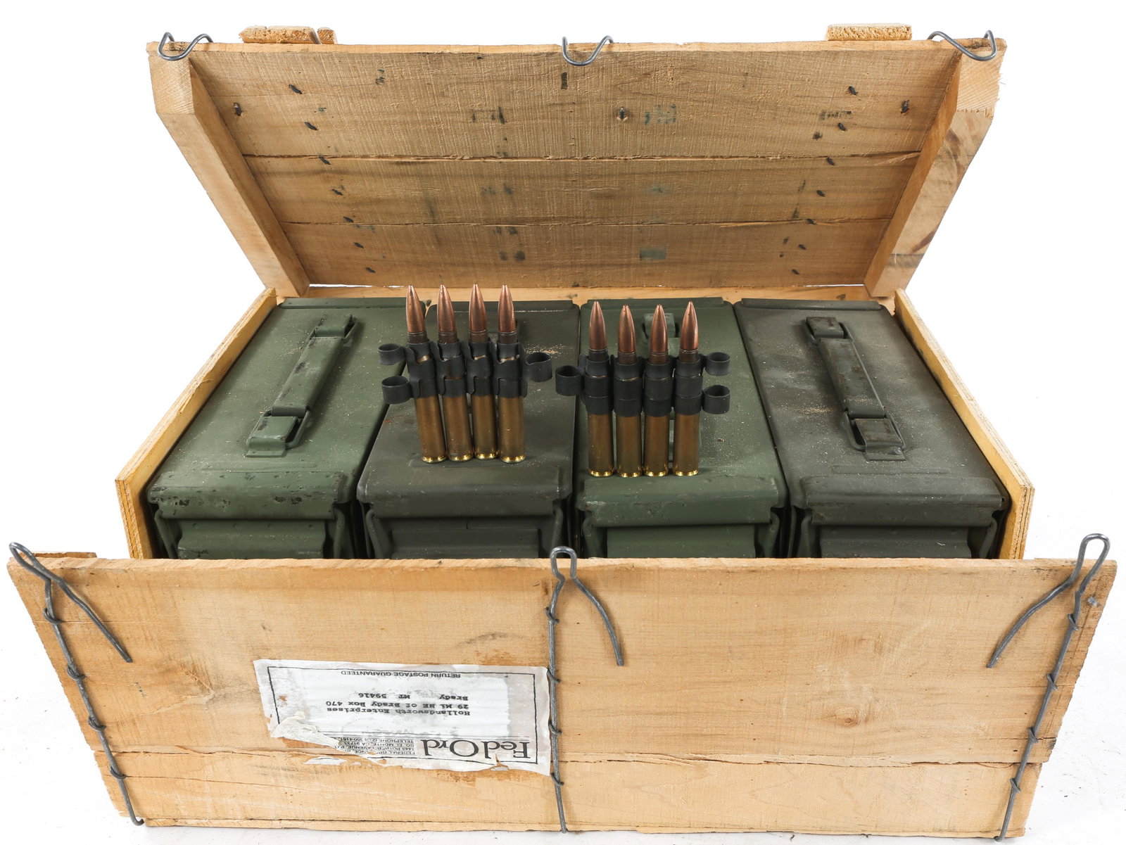 WINCHESTER .30-06 AMMUNITION IN CRATE 1000 ROUNDS: WINCHESTER .30-06 AMMUNITION IN CRATE 1000 ROUNDS 1000 rounds of Winchester .30-06 ammunition in linked clips. Four ammo cans of 250 rounds, marked .30 inch Ball M2, in wooden crate. Caliber / Gauge: 