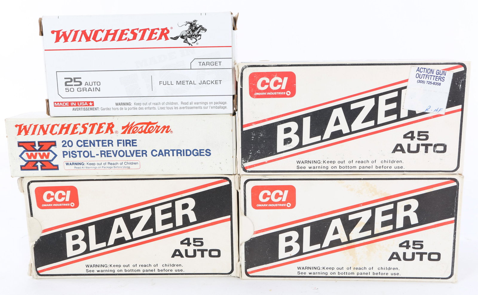 AMMUNITION .45 ACP AND .25 ACP 240 ROUNDS: AMMUNITION .45 ACP AND .25 ACP 240 ROUNDS 240 Rounds of .45 ACP and .25 ACP Ammunition. One box of 100 is partial. All other boxes are complete. One box of Winchester .25 ACP. Caliber / Gauge: .45 ACP