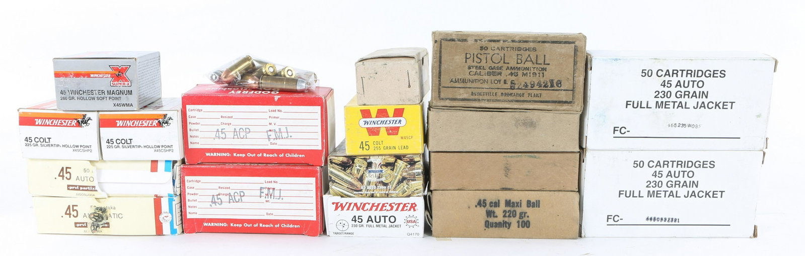 AMMUNITION .45 CALIBER - 28 POUNDS: AMMUNITION .45 CALIBER - 28 POUNDS 28 Pounds of .45 Caliber Ammunition. Calibers include .45 ACP, .45 Long Colt an .45 Winchester Magnum. Surplus .45 ACP manufactured by Remington and Twin Cities. Cal