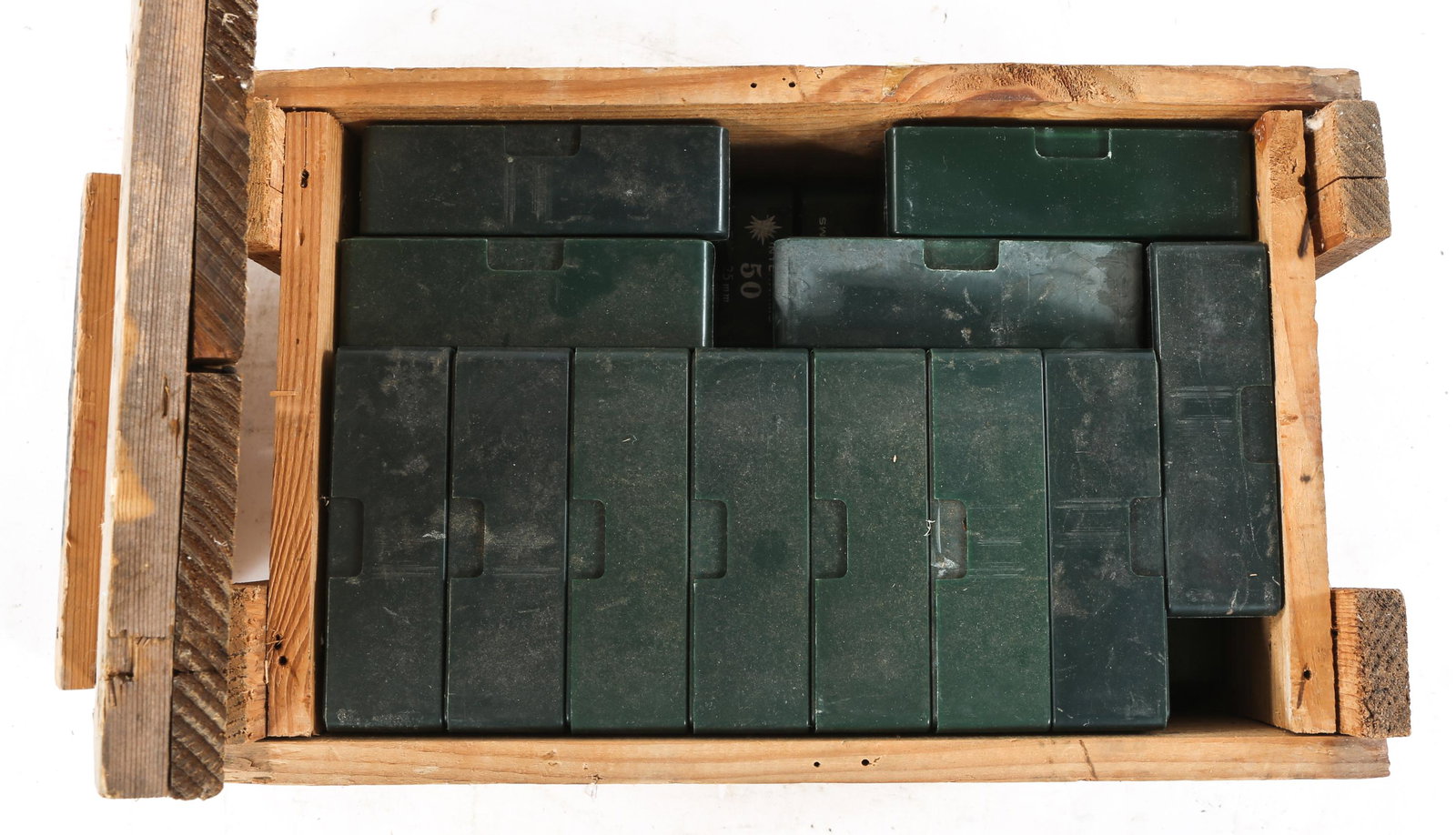 AMMUNITION IN CRATE 7.62x25mm 1800 ROUNDS: AMMUNITION IN CRATE 7.62x25mm 1800 ROUNDS 1800 rounds of Interarms 7.62x25mm (.30 Mauser) ammunition. 36 boxes of 50 rounds in wooden crate. Caliber / Gauge: 7.62x25mm