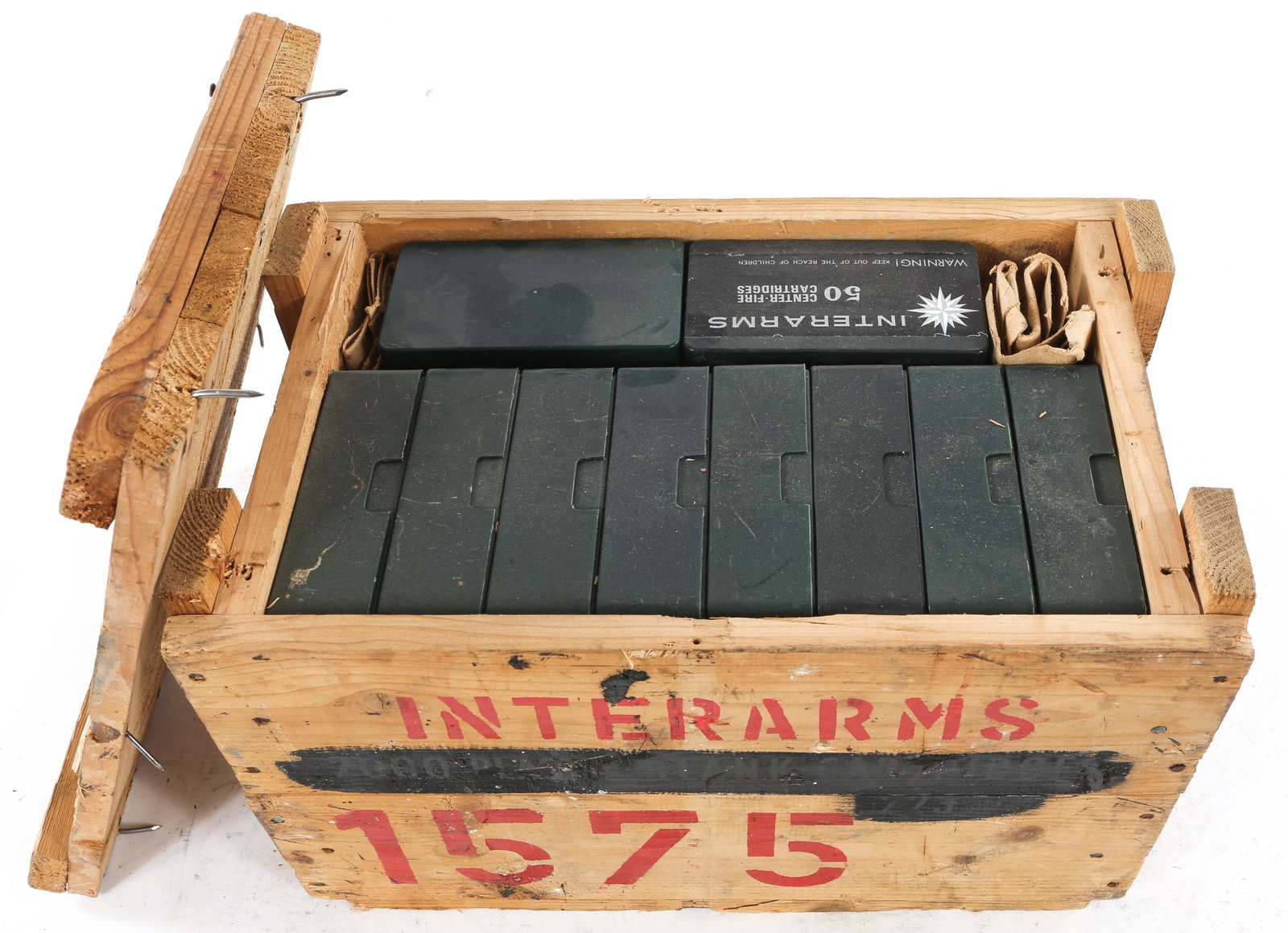 AMMUNITION IN CRATE 7.62x25mm 1800 ROUNDS: AMMUNITION IN CRATE 7.62x25mm 1800 ROUNDS 1800 rounds of Interarms 7.62x25mm (.30 Mauser) ammunition. 36 boxes of 50 rounds in wooden crate. Caliber / Gauge: 7.62x25mm
