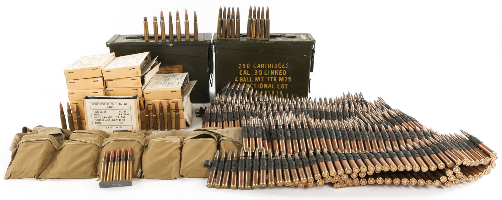 AMMUNITION 7.62x63MM CALIBER 71.5 POUNDS: AMMUNITION 7.62x63MM CALIBER 71.5 POUNDS 71.5 LBS total lot weight including ammo cans, bandoliers, and containers. Two ammo cans of 7.62x63 linked ammunition. 17 opened boxes of 7.62x63. Two bandolie