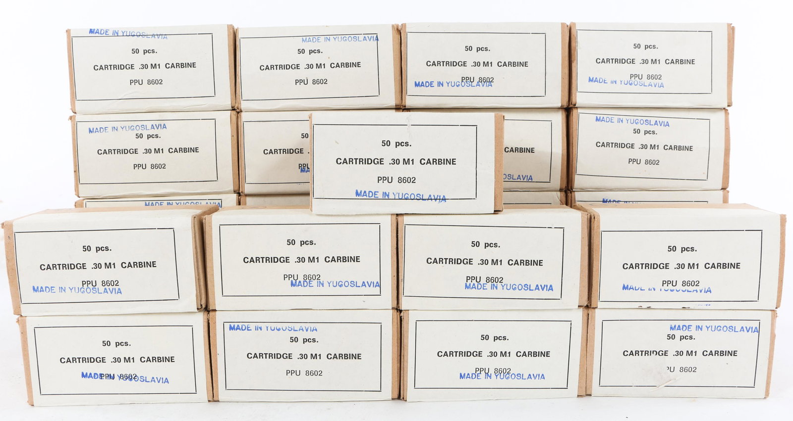 AMMUNITION .30 M1 CARBINE 1250 ROUNDS: AMMUNITION .30 M1 CARBINE 1250 ROUNDS 1250 rounds M1 Carbine .30cal ammunition. Marked "made in Yugoslavia". Twenty five boxes of 50 rounds each. Caliber / Gauge: .30 M1 Carbine
