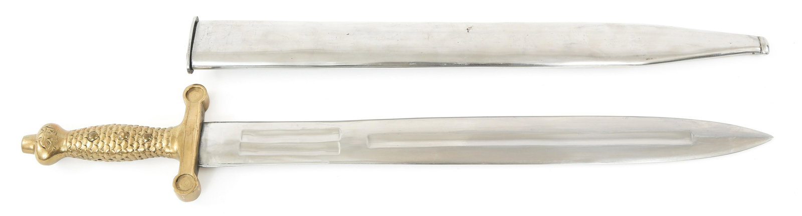 CIVIL WAR REENACTOR'S M1832 FOOT ARTILLERY SWORD: CIVIL WAR REENACTOR'S M1832 FOOT ARTILLERY SWORD Civil War reenactor's Model 1832 Foot Artillery Short Sword. Unmarked. Three fullers to double edged blade. Brass handle. Polished steel scabbard. Blad