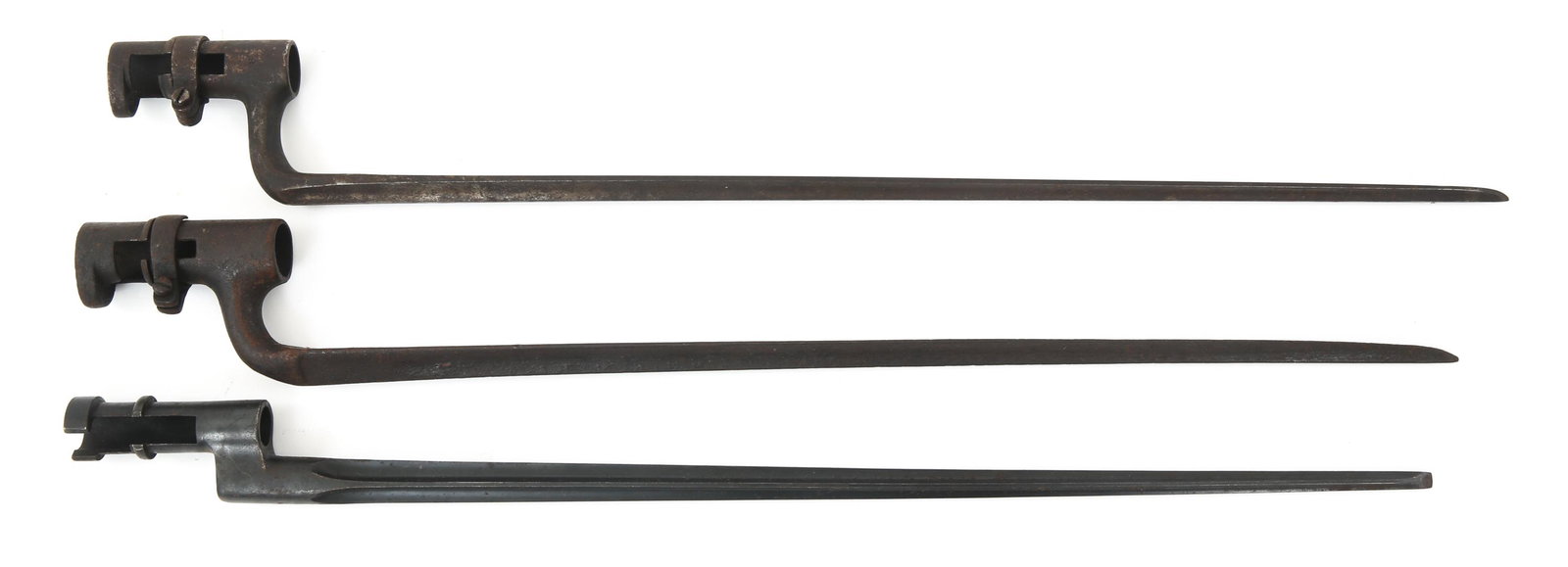 19TH C. MILITARY RIFLE SOCKET BAYONETS LOT OF 3: 19TH C. MILITARY RIFLE SOCKET BAYONETS LOT OF 3 19th Century Rifle Socket Bayonets. Lot of 3. One has a cruciform blade, two have standard flat tri-edge blades. One is marked "28" at the ricasso. Blad