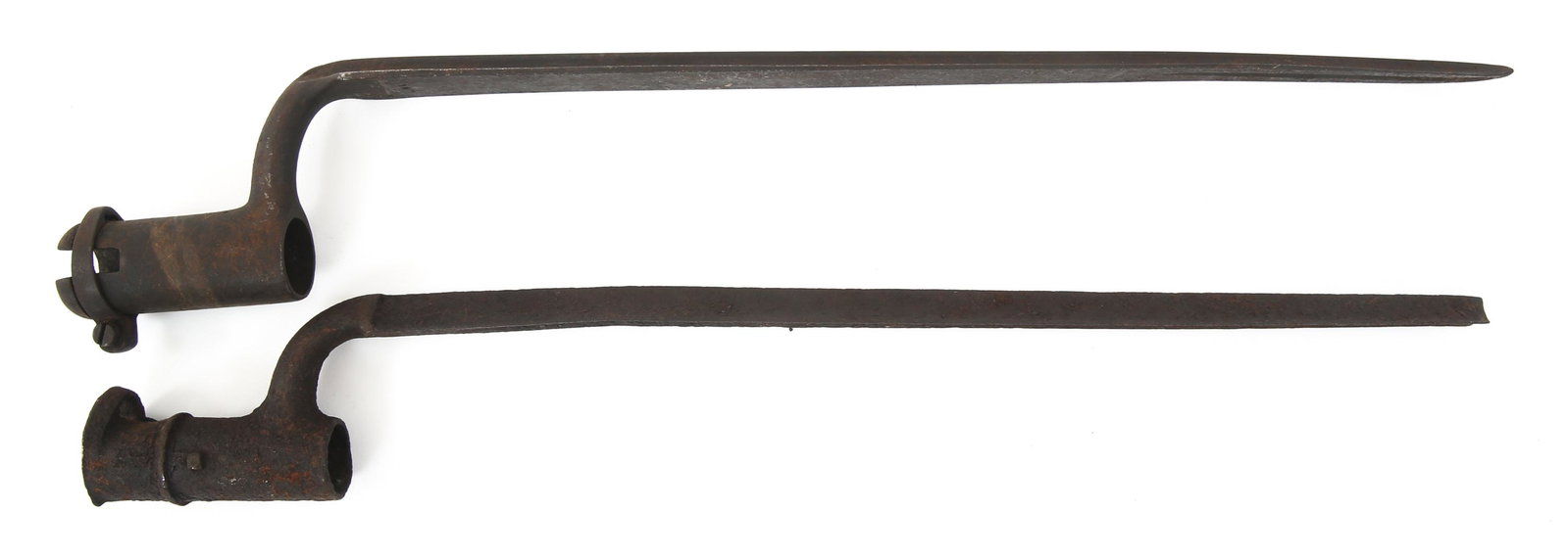 19TH C. MILITARY RIFLE SOCKET BAYONETS LOT OF 2: 19TH C. MILITARY RIFLE SOCKET BAYONETS LOT OF 2 19th Century Rifle Socket Bayonets. Lot of 2. Both have standard flat tri-edge blades. No visible markings. Blade Length: 13" - 14" Total Length: 16" - 