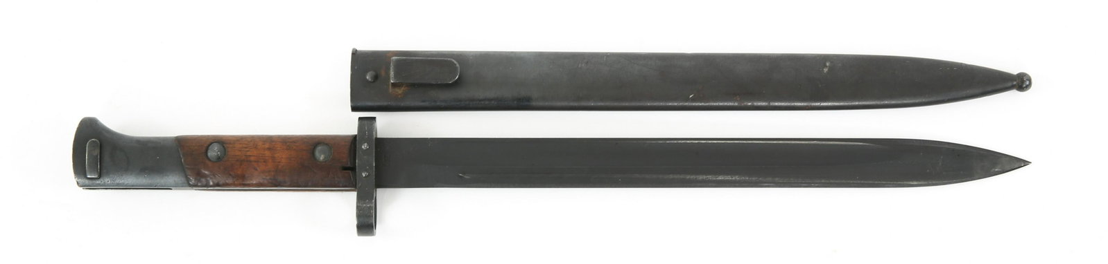 WWII CZECH CSZ VZ-24 MAUSER BAYONET WITH SCABBARD: WWII CZECH CSZ VZ-24 MAUSER BAYONET WITH SCABBARD WWII Czech CSZ VZ-24 Mauser Rifle Bayonet with Scabbard. Black coated blade with fuller. Ricasso marked CSZ & E 24 on the other side. Marked in betwee