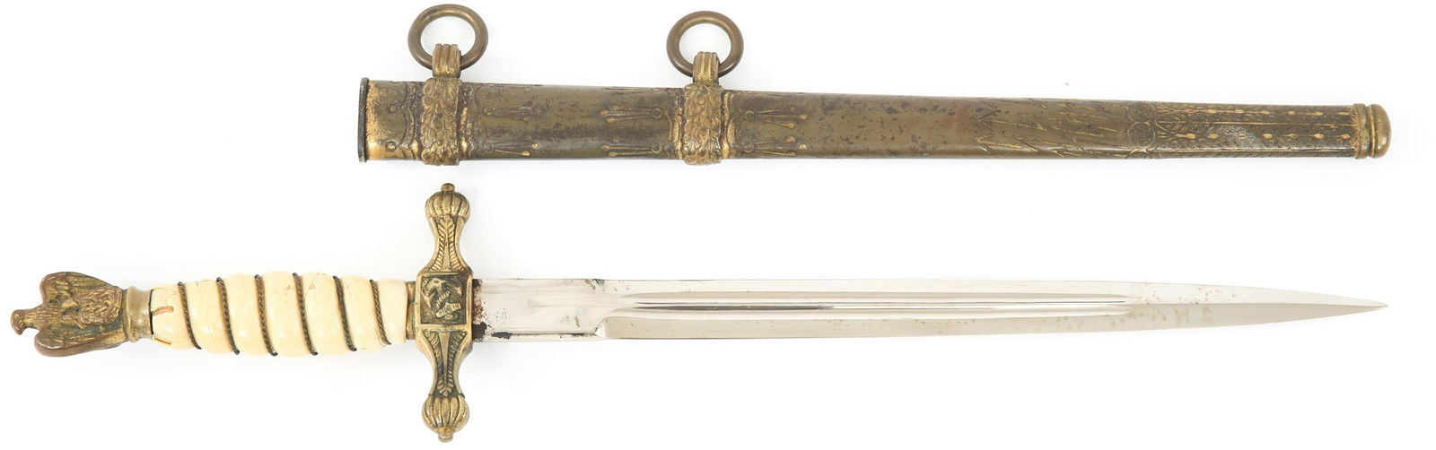 WWII GERMAN KRIEGSMARINE 2ND MODEL DRESS DAGGER: WWII GERMAN KRIEGSMARINE 2ND MODEL DRESS DAGGER WWII German Kriegsmarine 2nd Model Dress Dagger. Chrome polished finish plain blade with dual fullers. Unmarked ricasso. Gilded fittings. Wire wrapped c