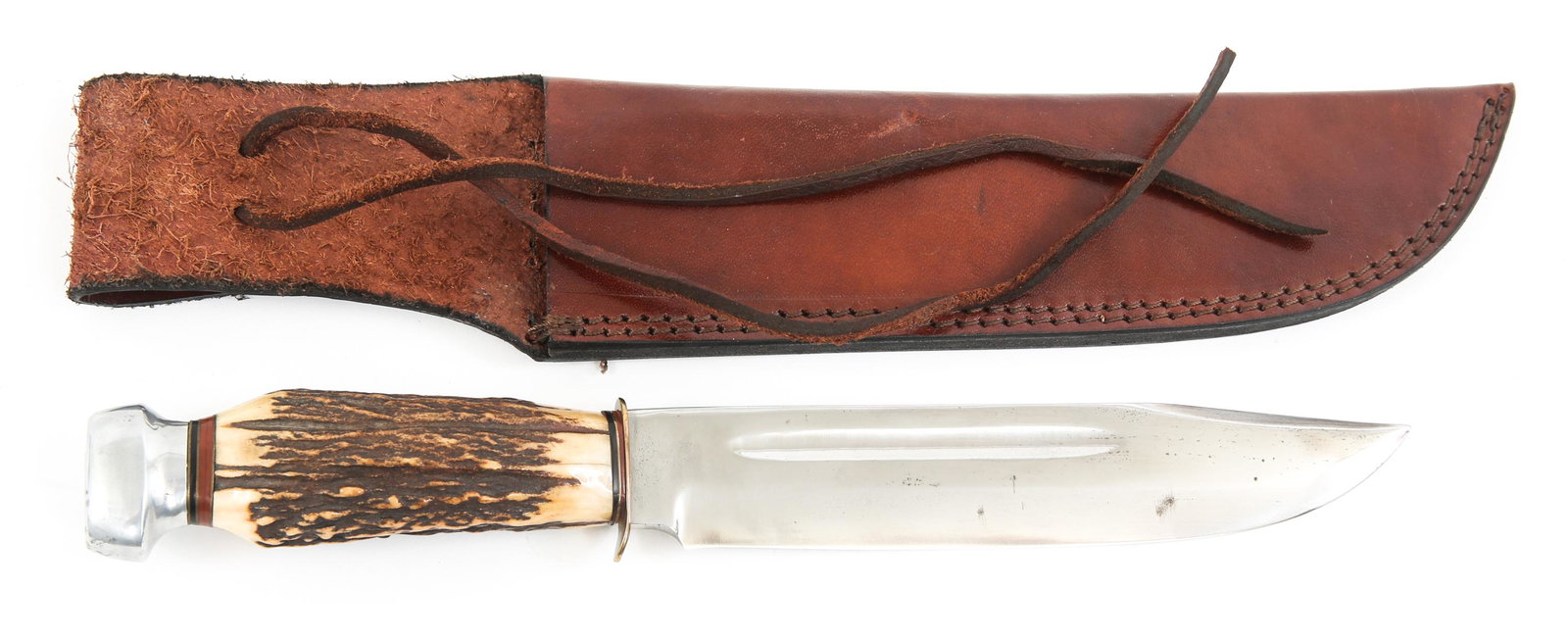 SCHMIDT & ZEIGLER MODEL 5519 SHEATH KNIFE SOLINGEN: SCHMIDT & ZEIGLER MODEL 5519 SHEATH KNIFE SOLINGEN Schmidt & Zeigler Model 5519 Fixed Blade Sheath Knife. Ricasso marked "5519"& "Schmidt & Zeigler Solingen Germany". Clip point blade. Stag handle. Br