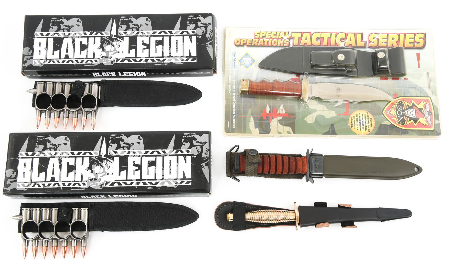 SOA & REPLICA MILITARY SHEATH KNIVES LOT OF 5: SOA & REPLICA MILITARY SHEATH KNIVES LOT OF 5 Special Operations Association (SOA), Black Legion & Replica Military Fixed Blade Sheath Knives Lot of 5. (1) SOA Special Operations Associations Tactical