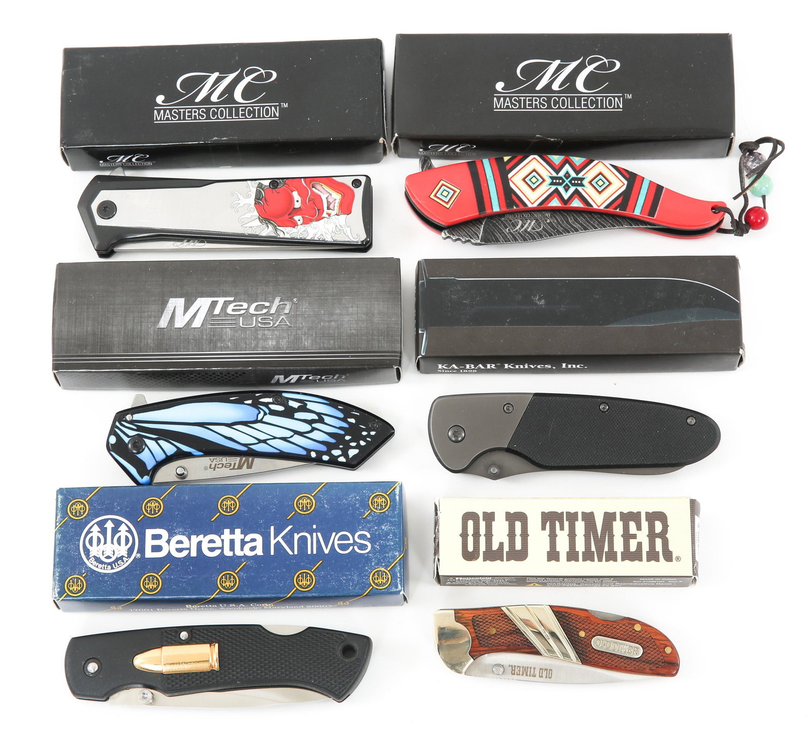 BERETTA OLD TIMER & KA-BAR POCKET KNIVES LOT OF 6: BERETTA OLD TIMER & KA-BAR POCKET KNIVES LOT OF 6 Beretta, M-Tech, Old Timer & KA-BAR Pocket Knives. Lot of 6. (1) Beretta Cartridge handle folder. (1) KA-BAR Komodo folder. (1) Old Timer 31OT checker
