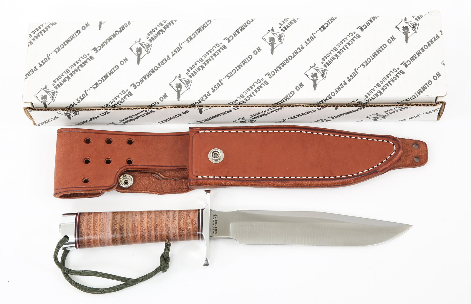 BLACK JACK KNIVES MODEL 1-7 FIXED BLADE KNIFE: BLACK JACK KNIVES MODEL 1-7 FIXED BLADE KNIFE Black Jack Knives USA Model 1-7. Fixed blade knife. A-2 tool steel. Clip point blade. Stacked leather handle. Leather sheath. Original factory box. Blade 