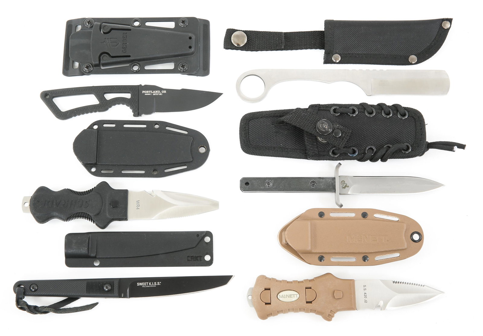 COLT, GERBER, SCHRADE & CRKT KNIVES LOT OF 6: COLT, GERBER, SCHRADE & CRKT KNIVES LOT OF 6 Colt, Gerber, Schrade & CRKT knives lot of 6. (1) Colt CT592 knife. Double edged dagger blade. (1) Gerber knife. Rubberized skeleton handle. (1) McNett tac