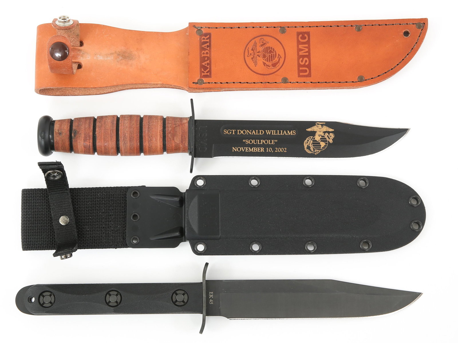 KABAR JOHN EK DESIGN & USMC NAMED KNIFE LOT OF 2: KABAR JOHN EK DESIGN & USMC NAMED KNIFE LOT OF 2 KA-BAR John EK Designed Commando & USMC Named Dedication Knives. Lot of 2. (1) KA-BAR John EK Designed Commando EK 45 Model 5. Matte gray finish clip p