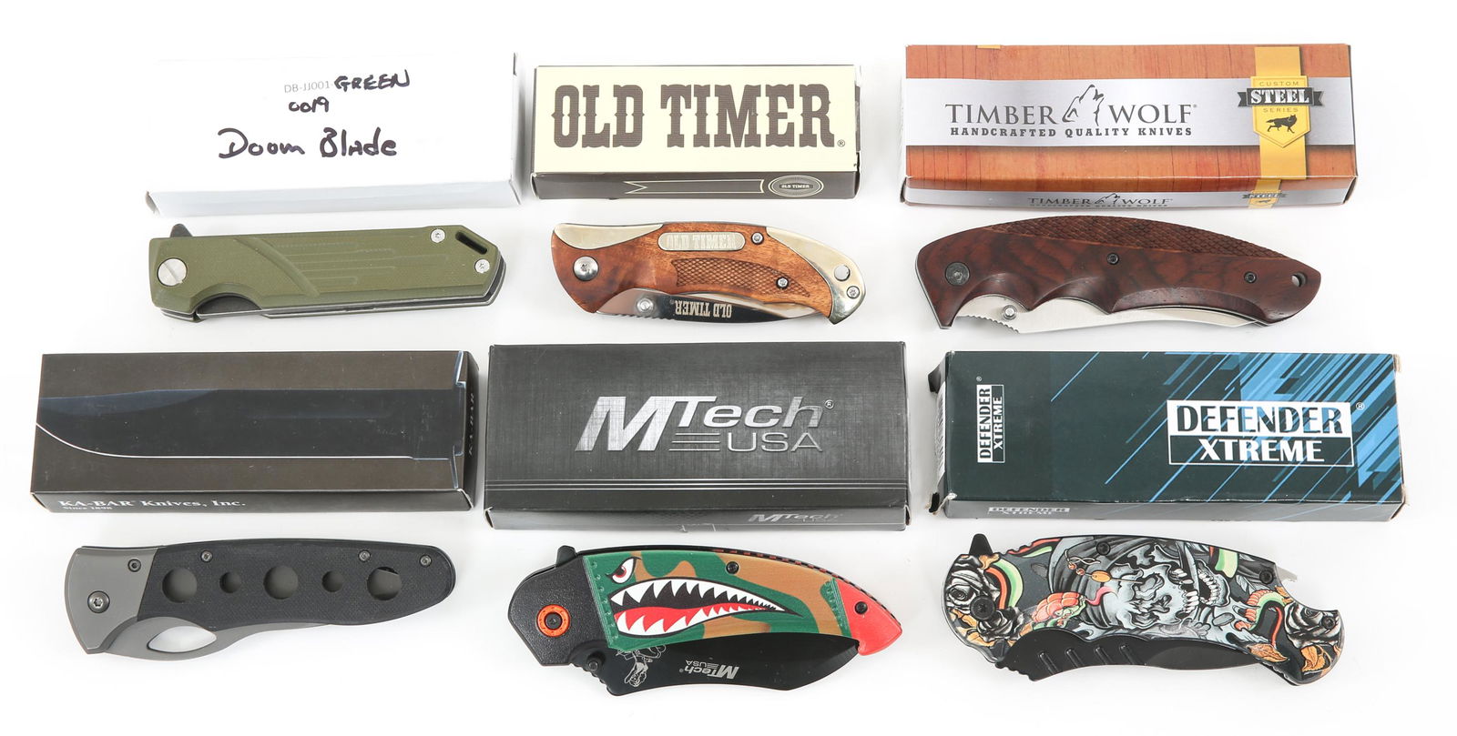 OLD TIMER DOOM BLADES & KA-BAR POCKET KNIVES LOT: OLD TIMER DOOM BLADES & KA-BAR POCKET KNIVES LOT Old Timer, Doom Blades, M-Tech, KA-BAR, Timber Wolf, and Defender Xtreme Pocket knives lot. (1) Old Timer, chrome polished blade. (1) Doom Blades knife