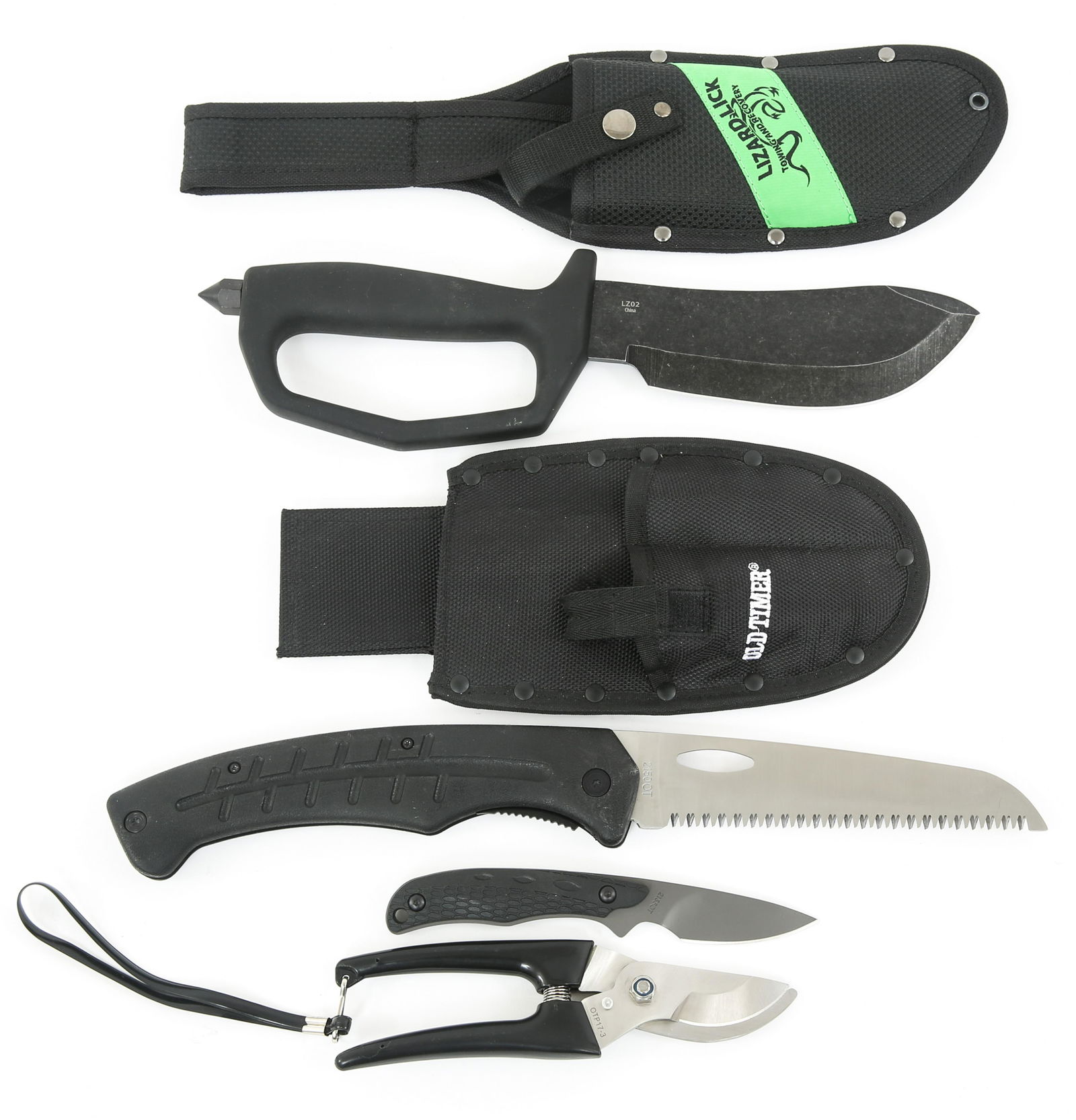 OLD TIMER HOGZILLA & ROUGH RIDER KNIFE & TOOL LOT: OLD TIMER HOGZILLA & ROUGH RIDER KNIFE & TOOL LOT Old Timer, Hogzilla, and Rough Rider Lizard Lick Towing Knives. (1) Lizard Lick Towing and Recovery Knife with glass breaker handguard, and nylon shea