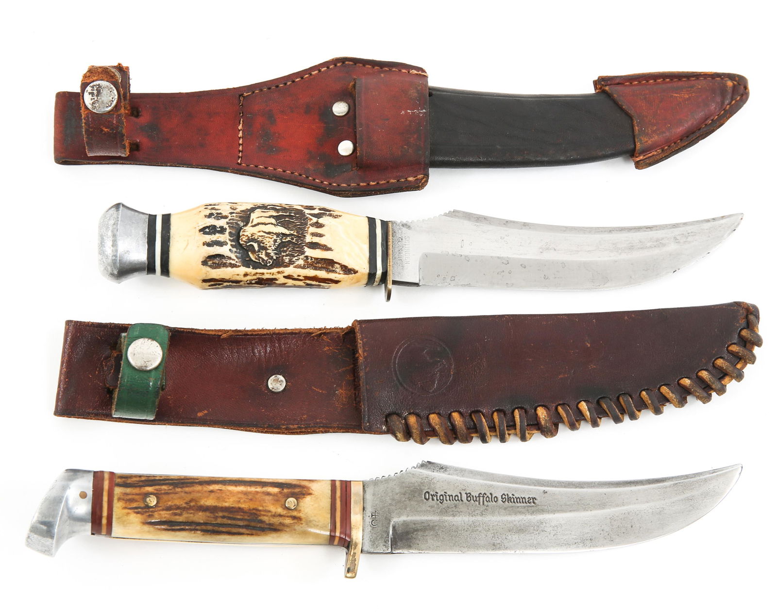 ORIGINAL BUFFALO SKINNER KNIFE SOLINGEN LOT OF 2: ORIGINAL BUFFALO SKINNER KNIFE SOLINGEN LOT OF 2 The Original Buffalo Skinner Knife, Made in Solingen Germany. Lot of 2 (1) Ricasso is faintly marked "Bower Imp. Co. Made in Solingen Germany" and "45"