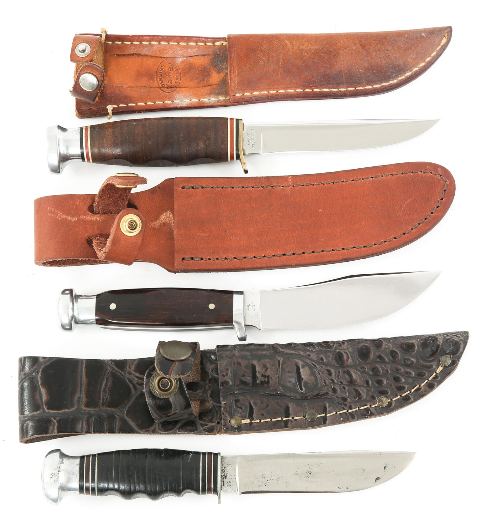 PAL KABAR & ROBESON FIXED BLADE KNIVES LOT OF 3: PAL KABAR & ROBESON FIXED BLADE KNIVES LOT OF 3 PAL, KABAR & Robeson Fixed Blade Sheath Knives. Lot of 3. (1) PAL RH-51. (1) KABAR 1232. (1) Robeson Shur-Edge PH-02. All knives are accompanied by leat