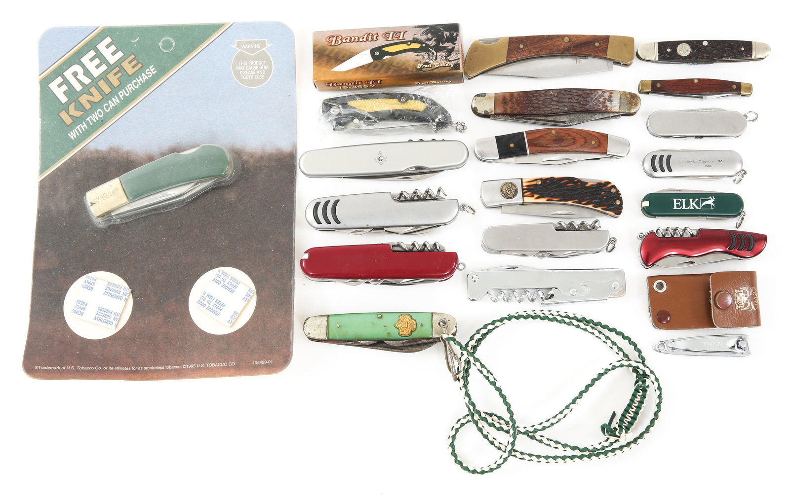 POCKET KNIVES & MULTI-TOOLS LOT OF 19: POCKET KNIVES & MULTI-TOOLS LOT OF 19 Assorted Pocket Knives & Multi-tools. Lot of 19. Boker 'Tree Brand', Victor Inox 'Swiss Army', a few knives with masonic square & compass symbol and more. Blade L