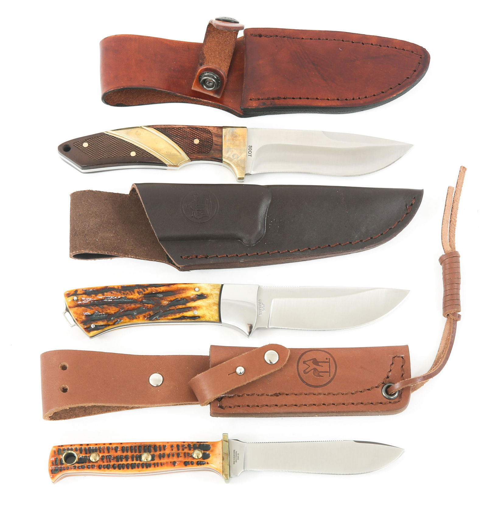 ROBERT KLAAS & OLD TIMER SHEATH KNIVES LOT OF 3: ROBERT KLAAS & OLD TIMER SHEATH KNIVES LOT OF 3 Robert Klaas, Old Timer & Kissing Crane brand fixed blade sheath knives lot of 3. (1) Robert Klaas. Stag handle knife. (1) Kissing crane. Stag handle kn