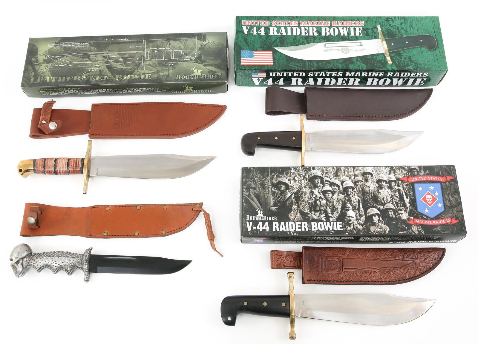 ROUGH RIDER MODERN WWII V44 KNIVES LOT OF 4: ROUGH RIDER MODERN WWII V44 KNIVES LOT OF 4 Rough Rider Modern Production WWII V44 USMC Marine Raider's Survival Bowie knife and other knives. Lot of 4. (2) Etched blade V44 USMC Marine Raider's Survi