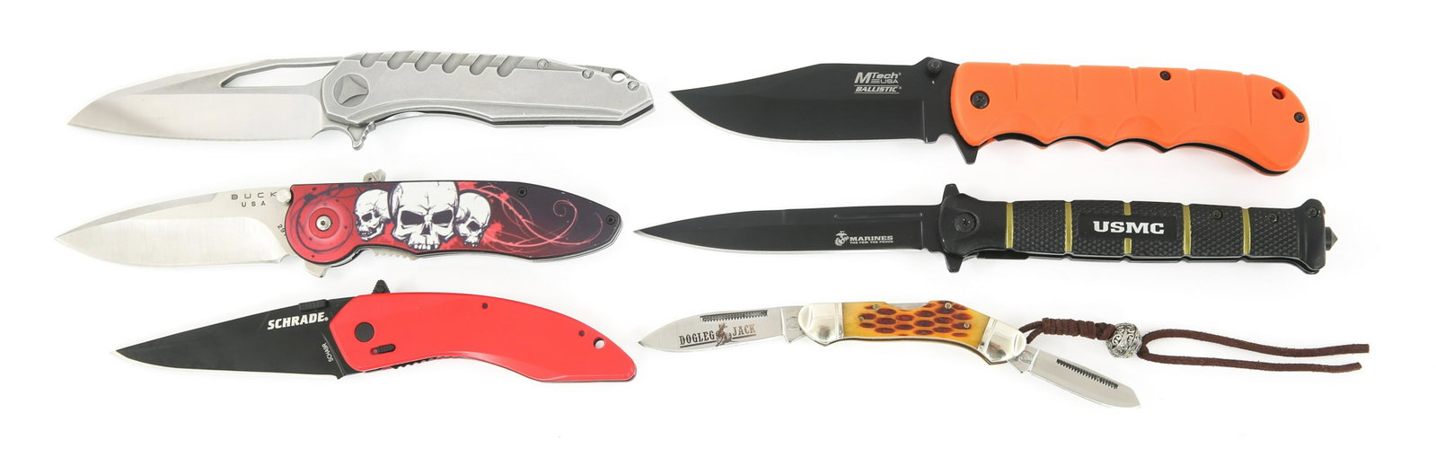 SCHRADE M-TECH BUCK & UC POCKET KNIVES LOT OF 6: SCHRADE M-TECH BUCK & UC POCKET KNIVES LOT OF 6 Schrade M-Tech BUCK & United Cutlery Pocket Knives. Lot of 6. (1) Unmarked stainless steel assisted open folder. (1) United Cutlery USMC 'Blackout Comba