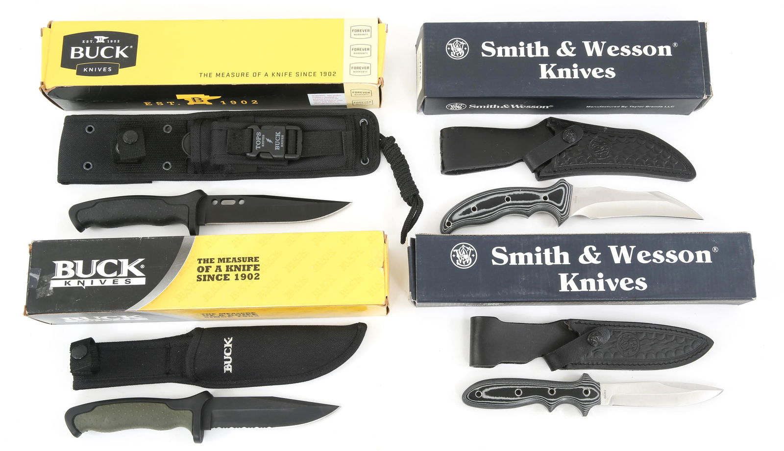TOPS BUCK & SMITH & WESSON SHEATH KNIVES LOT OF 4: TOPS BUCK & SMITH & WESSON SHEATH KNIVES LOT OF 4 TOPS-BUCK, BUCK, and Smith & Wesson fixed blade sheath knives lot of 4. (1) TOPS - BUCK collaboration Model Nighthawk. Clip point matte black finish b
