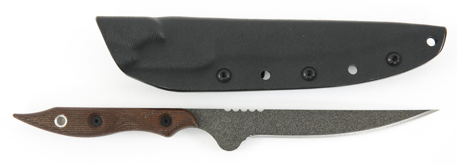 TOPS KNIVES USA 'LIONS TOOTHPICK' KNIFE & SHEATH: TOPS KNIVES USA 'LIONS TOOTHPICK' KNIFE & SHEATH TOPS Knives USA Model 'Lions Toothpick' Knife & Sheath. Drop point blade marked "Lions Toothpick U-333". Brown Micarta handle. Kydex sheath. Certificat