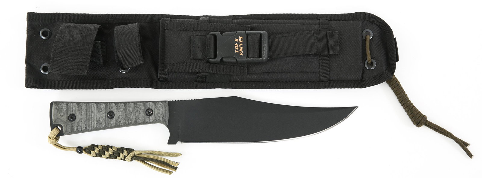 TOPS KNIVES USA 'PRATHER WAR BOWIE' KNIFE & SHEATH: TOPS KNIVES USA 'PRATHER WAR BOWIE' KNIFE & SHEATH TOPS Knives USA 'Prather War Bowie' Knife. Designed by Jeff Prather. Black coated clip point bowie blade. Gray Micarta handle. Nylon sheath. Certific