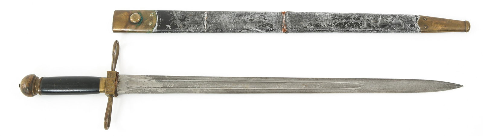 WCE WORLD COLUMBIAN EXPOSITION GUARD SWORD WCG: WCE WORLD COLUMBIAN EXPOSITION GUARD SWORD WCG World Columbian Exposition, World Columbian Guard's sword. Double edged blade with 13.5" fuller. Ricasso marked 1664 & WCG. Black painted wood handle. Br