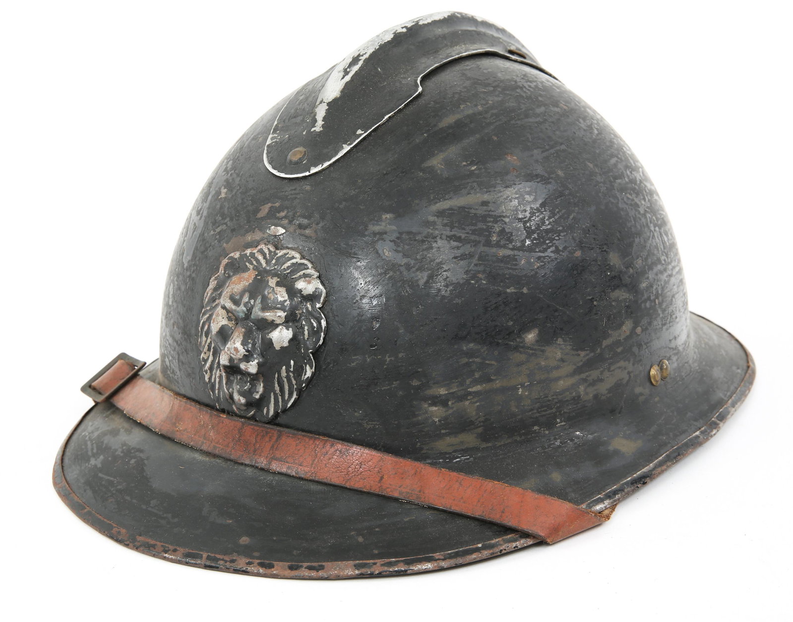 WWII BELGIAN ARMY ADRIAN COMBAT HELMET: WWII BELGIAN ARMY ADRIAN COMBAT HELMET WWII Belgium Army Model 26/31 Combat helmet. Complete with leather chinstrap and liner. Hand written name "Henneaux" and serial "23262" stamped inside.