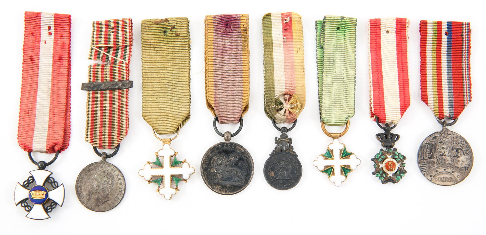 ITALY & MONACO MINIATURE ORDER MEDAL LOT OF 8: ITALY & MONACO MINIATURE ORDER MEDAL LOT OF 8 Lot of 8 Italy & Monaco miniature Order Medals. (1) Monaco, Order of St. Charles of Monaco. Orange, white and green enamel. Size; 11.5mm x 18mm. Ribbon 13